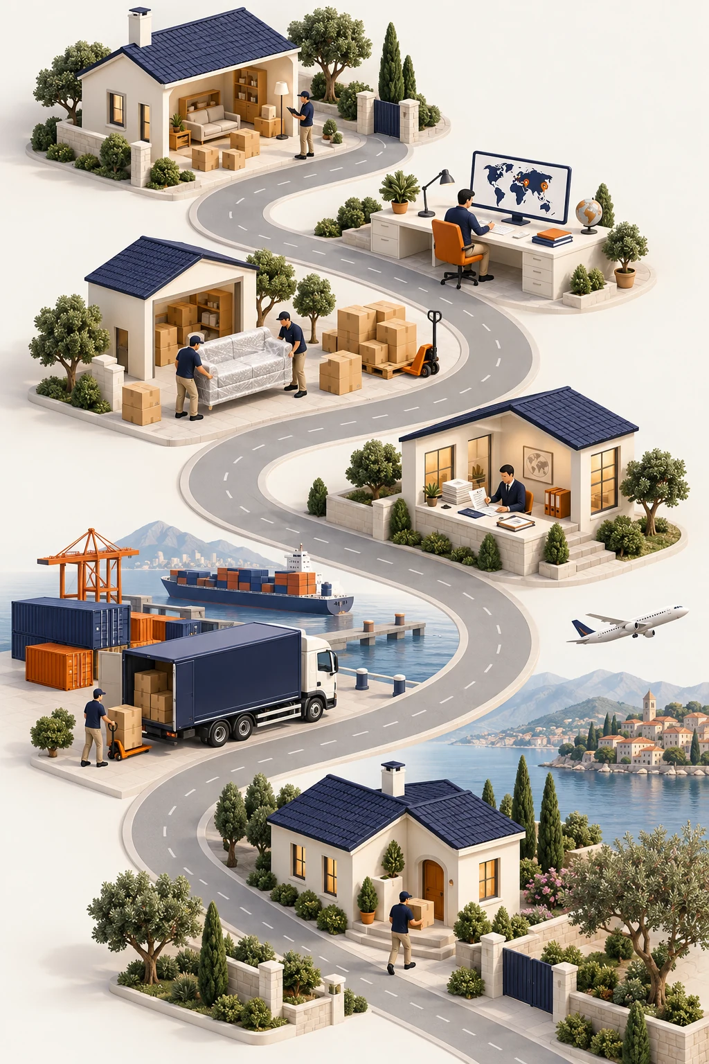 The stages of your moving journey, from your current home to your next destination.