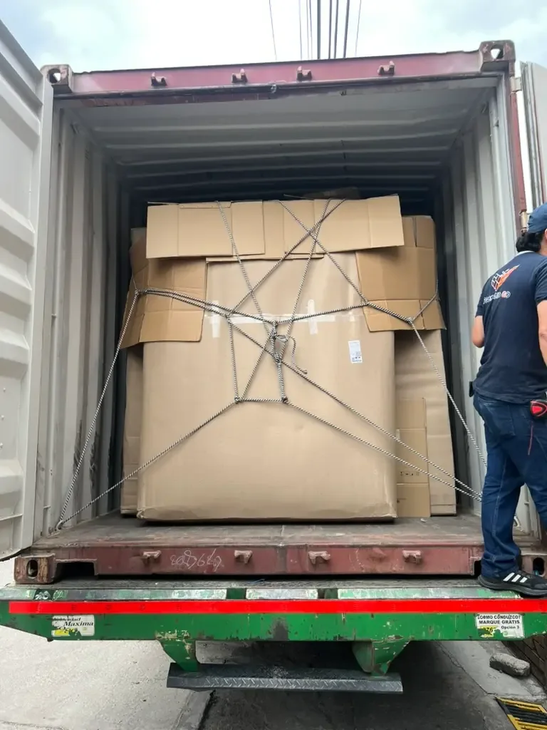 Carga protegida y sujeta en un contenedor marítimo abierto